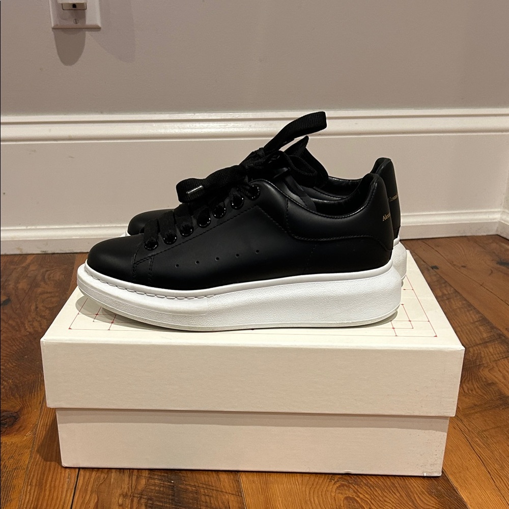 Alexander McQueen Black Leather Sneakers with White Platform Sole